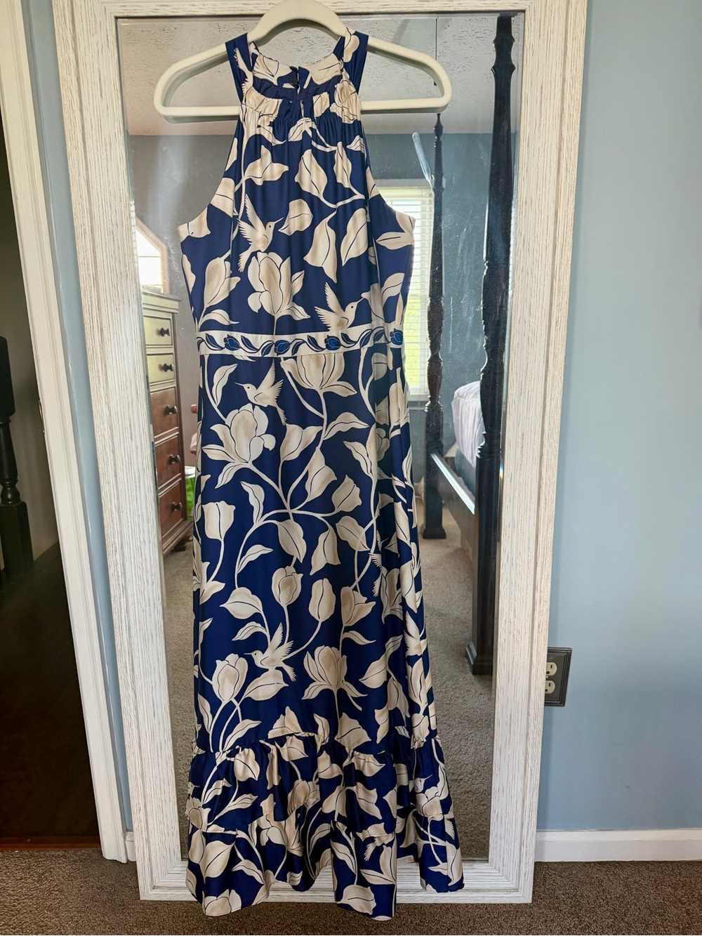Maggy London Navy and Cream Floral High Neck Maxi Dress Sz 10